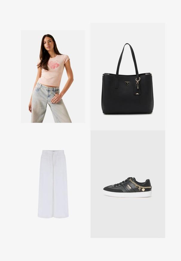 Lichtroze getailleerd T-shirt met korte mouwen en een ronde halslijn, featuring een aardbei-graphic in het rood. G gedragen met lichtblauwe denim jeans.; Witte wijde broek met een gladde textuur, featuring twee frontzakken en een knoopsluiting, ontworpen voor een relaxte pasvorm.; Zwarte sneaker van leer en textiel, met een witte zool, gouden kettingaccenten en logo-detail aan de zijkant.; Zwarte tote bag van gestructureerd synthetisch materiaal, met twee handvatten, een gouden logo plaatje en een klein label met accentdetail.