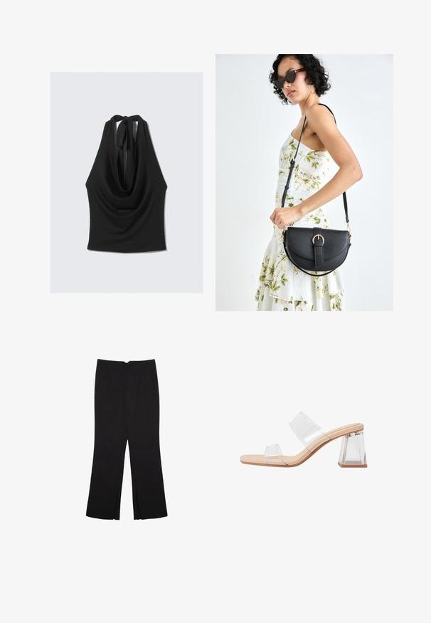 Black sleeveless top with a draped neckline and a tie back. Made from a smooth, lightweight fabric, features a flowing silhouette.; Black trousers with a straight fit, featuring front pockets and side slits at the hem. Made of soft, smooth fabric. Suitable for various occasions.; Transparent heeled sandals featuring two clear straps, a beige base, and a geometric clear block heel. Minimalist design with smooth texture.; Black leather handbag with a curved shape, detachable strap, and gold hardware. The bag features a flap with a buckle detail.