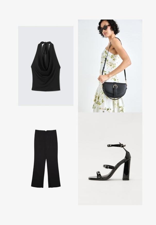 Top nero senza maniche con scollo drappeggiato e laccio sul retro. Realizzato in un tessuto morbido e leggero, presenta una silhouette fluida.; Pantaloni neri a gamba dritta, con tasche frontali e spacchi laterali all'orlo. Realizzati in tessuto morbido e liscio. Adatti a diverse occasioni.; Sandali con tacco in vernice nera, con punta squadrata, cinturini alla caviglia e fibbie in argento. Presentano un tacco a blocco spesso per maggiore stabilità.; Borsa a tracolla nera in pelle con una forma curva, manico rimovibile e accessori dorati. La borsa presenta una patta con un dettaglio a fibbia.