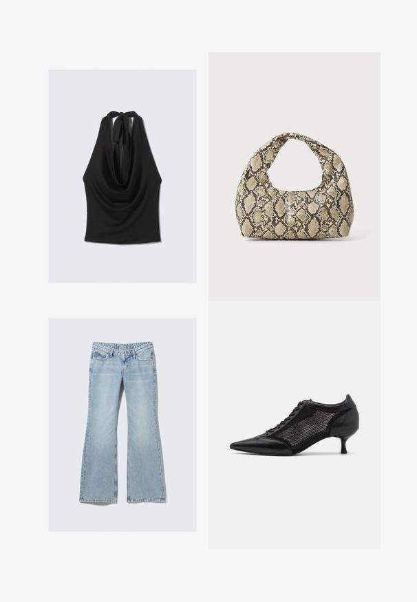 Top nero senza maniche con scollo drappeggiato e laccio sul retro. Realizzato in un tessuto morbido e leggero, presenta una silhouette fluida.; Weekday NOVA - Jeans slim fit - lip blue; Scarpa nera a punta con un design a pannello di rete, dotata di un tacco basso e lacci frontali. Realizzata in una combinazione di pelle e materiale a rete.; Borsa a stampa rettile con manico curvo. Realizzata in materiali testurizzati beige e marroni, presenta un distintivo motivo a rombi.