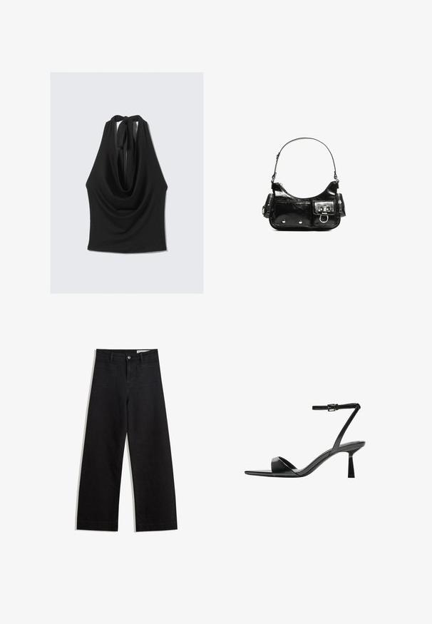 Black sleeveless top with a draped neckline and a tie back. Made from a smooth, lightweight fabric, features a flowing silhouette.; Black wide-leg denim pants with a high waist, featuring front and back pockets, stitched seams, and a button closure. Smooth texture.; Bershka High heeled sandals - black; Black patent leather handbag with a curved shape, one shoulder strap, front pockets, and silver-tone hardware accents.