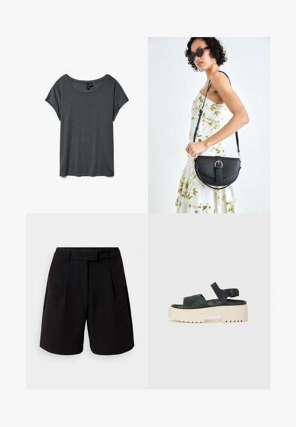 Hallid lühikeste varrukatega heleda halli T-särk, millel on lai ümar kaelus, pehme kangas ja lõdvendatud istuvus. Pole nähtavaid mustreid ega aktsente. Sile tekstuur.; Mustad mustad lühikesed püksid, valmistatud siledast kangast, kõrge vöökohaga, voltide, vöökoharihmade ja küljetaskutega, puhaskujundusega.; Mustad musta sametist platvormsandaalid, millel on paks valge tald, lai esirihm ja reguleeritav pahkluu nööpe. Tekstureeritud tallad haardevad.; Mustmust mustraha kõverate joontega, eemaldatava rihmaga ja kuldsete detailidega. Kotil on klapp, millel on pandladetail.