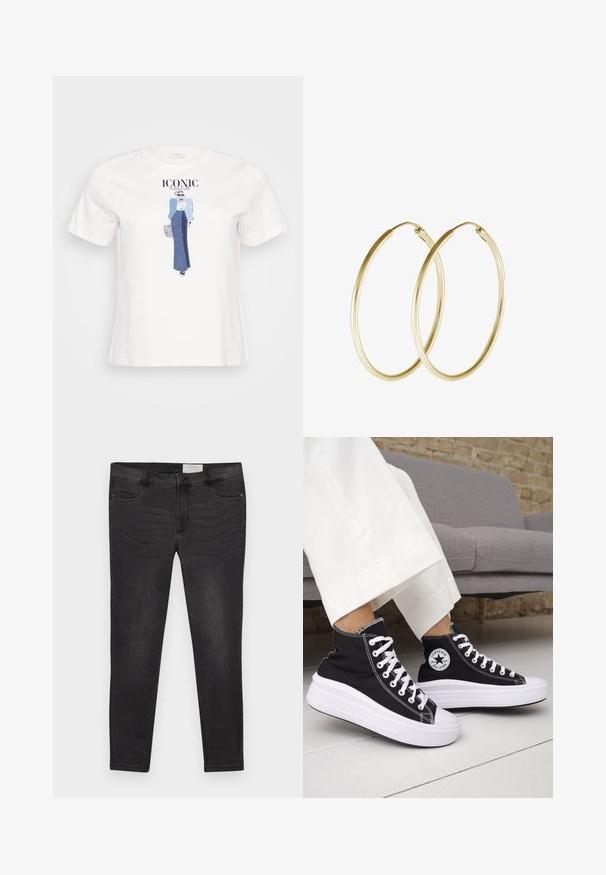 Bela bombažna majica z grafično ilustracijo ženske v modri jakni in denim krilu, z napisom "IKONIČNO" natisnjenim nad njeno podobo.; Črne jeans hlače slim fit kroja z gumbom za zapiranje, zankami za pas in sprednjimi žepi. Gladka tekstura z rahlim bledenjem.; Črni visoki supergi z belimi gumijastimi podplati in vezalkami. Na njih je okrogel logotip in kontrastno belo šivanje. Iz blaga platna.; Zlate obročaste uhane z gladkim, zaobljenim dizajnom in sijočo končno obdelavo. Lahka konstrukcija z varnim zapiranjem.