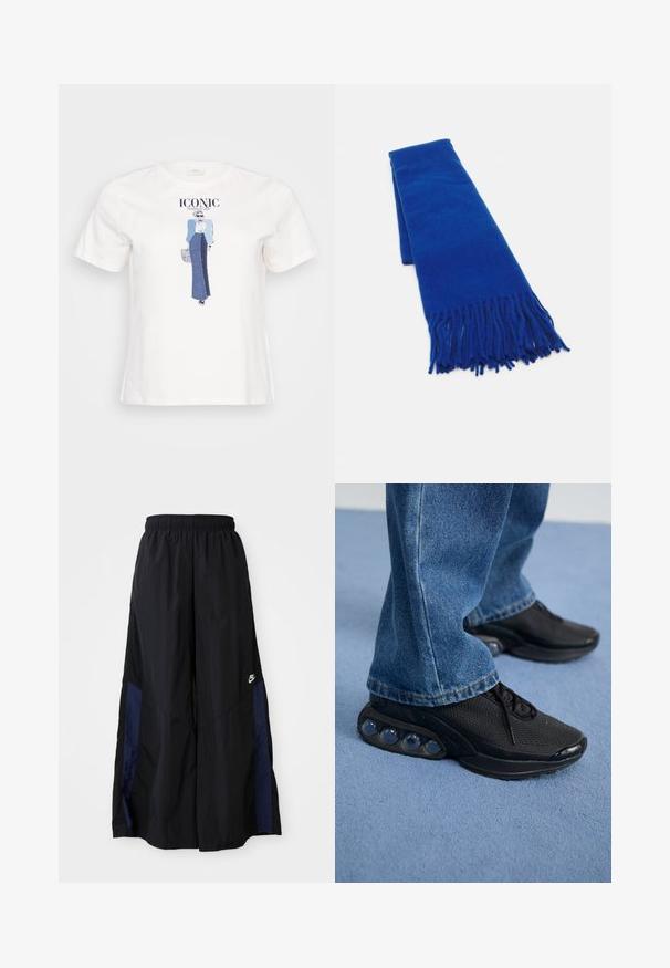 Camiseta branca de algodão com uma ilustração gráfica de uma mulher com uma jaqueta azul e uma saia de ganga, com o texto "ICÓNICO" impresso acima.; Calças largas pretas feitas de tecido leve, com um painel lateral azul-marinho e cintura elástica. Pequeno logótipo branco na parte inferior.; Ténis atléticos pretos com parte superior em malha, detalhes texturizados e almofadas de amortecimento de ar visíveis na sola. Usados com uns jeans de ganga azuis.; Cachecol azul tecido com extremidades franjas, textura suave, forma retangular e cor uniforme em todo o comprimento. Adequado para clima frio.