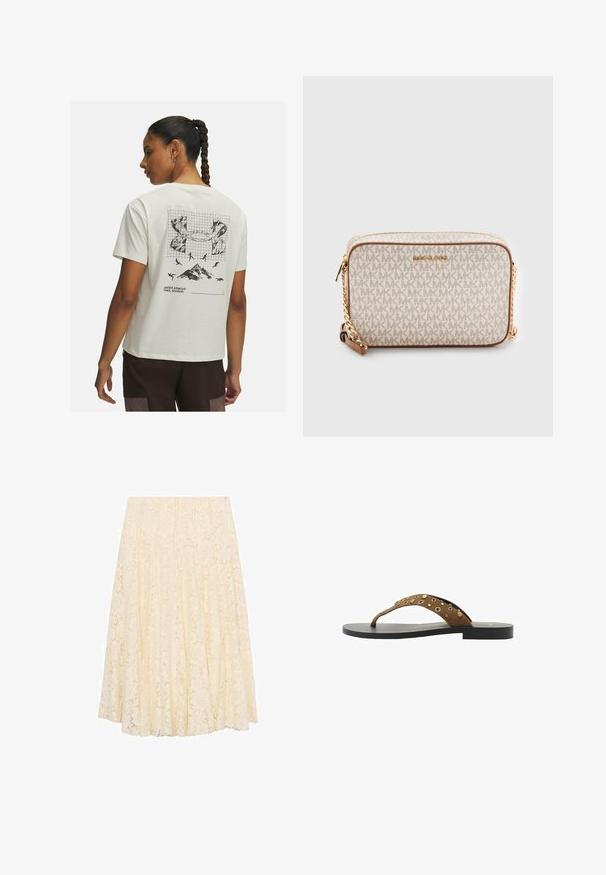 Under Armour TRAIL RUN GRAPHIC - T-shirt till träning - stone; Krämfärgad spets-midi kjol med blommönster, veckad design och en slät textur. Midjebandet är platt och längden går ner under knäet.; Bruna mocka flip-flops med ett enda band som har guldnitar, svart sula, platt design och enkel, minimalistisk form.; Beige crossbody-väska tillverkad av kanvas med ett upprepande MK-logomönster, guldiga detaljer och ett kedjeryggsband. Har en dragkedjestängning och läderdetaljer.