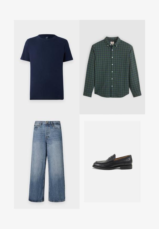 T-shirt en coton bleu marine à manches courtes et col rond, avec un petit logo GAP imprimé à l'intérieur du col.; Chemise à manches longues à boutons avec un motif écossais vert, bleu et jaune, boutons blancs et col à boutons.; Jean en denim bleu à jambes larges avec un lavage délavé, design à cinq poches et fermeture à bouton. Équipé de passants de ceinture et de détails cousus.; Mocassins en cuir noir avec une finition lisse, bout rond et coutures décoratives sur la tige. Talon bas empilé et léger brillant.