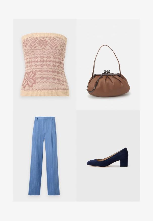 Gehaakte strapless top in beige met roze geometrische patronen. Kenmerkt zich door een geribbelde zoom en een zachte textuur, geschikt voor het dragen in lagen.; Lichtblauwe wijde broek met verticale witte strepen. Gemaakt van een gladde stof, met een voorplooien en een strakke tailleband.; Navy blauwe suède pump met een spitse neus en een blokhak van gemiddelde hoogte. Glad oppervlak met een subtiele glans en een kleine uitsparing aan de voorkant.; Bruine leren handtas met een geplooid ontwerp, een korte leren handgreep en een kettinghengsel. Voorzien van een zilveren metalen sluiting met twee ronde accenten.