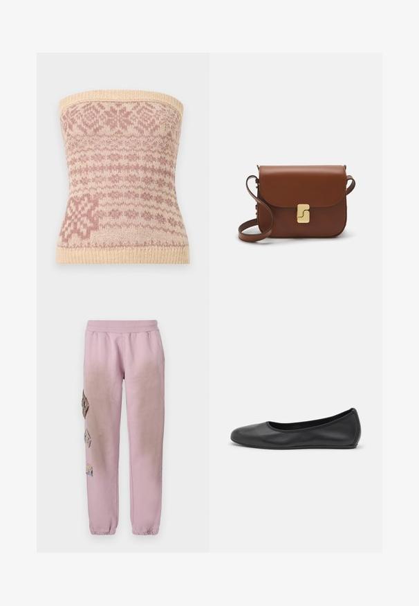 Pletený bezramienkový top v béžovej farbe s ružovými geometrickými vzormi. Má rebrovaný lem a jemnú textúru, vhodný na vrstvenie.; Ružové tepláky s elastickým pásom, s ozdobnými nášivkami v tvare diamantu na ľavej strane a elastickými manžetami na členkoch.; Čierne kožené baleríny s okrúhlou špičkou, hladkým povrchom, minimálnym prešívaním a flexibilným dizajnom podrážky.; Hnedá kožená kabelka s klopou, zlatými kovovými prvkami, ramenným popruhom a hladkým povrchom. Kompaktný obdĺžnikový tvar.