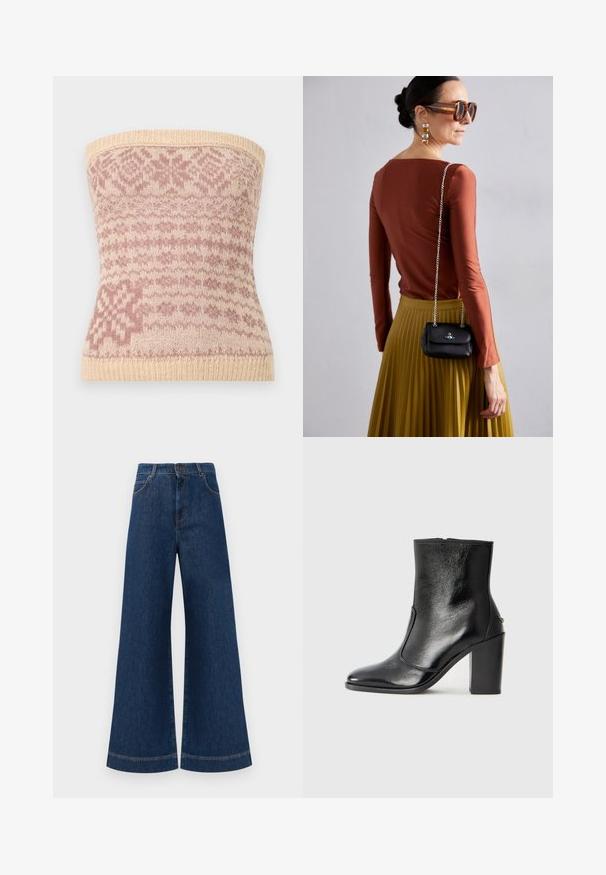 Top sin tirantes de punto en beige con patrones geométricos rosas. Presenta un dobladillo acanalado y una textura suave, adecuado para superponer.; Jeans de mezclilla azul de pierna ancha con una cintura alta, que cuentan con un cierre de botón, pasadores para cinturón y detalles de costura sutil a lo largo de los bolsillos y los dobladillos.; Botín negro de cuero con textura suave, puntera puntiaguda y un tacón alto y robusto. Presenta una apertura lateral y un diseño minimalista.; Vivienne Westwood SMALL PURSE CHAIN - Bandolera - black