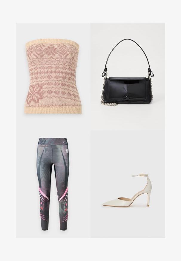 Dzianinowy top bez ramiączek w beżowym kolorze z różowymi wzorami geometrycznymi. Ma prążkowany dół i miękką teksturę, idealny do noszenia na warstwy.; Obcisłe legginsy w ciemnoszarym kolorze z kropkowanym wzorem, z różowymi graficznymi akcentami i wysokim stanem.; Białe skórzane szpilki z ostrym noskiem, paskiem wokół kostki i cienką szpilkową obcasem. Gładka faktura z subtelnym połyskiem.; Czarna torebka z lakierowanej skóry o prostokątnym kształcie, z łańcuszkowym paskiem i charakterystycznym akcentem ze sprzętem na środku. Gładka tekstura.