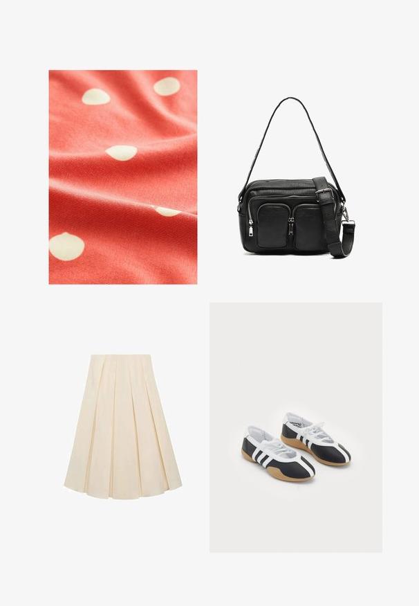 Coral fabric with white polka dots, featuring a soft texture and a slightly ribbed surface, draped to show its fluidity and pattern.; Pleated skirt in cream-colored fabric; features soft texture, mid-length design, and symmetrical pleats extending from the waistband to the hem.; Black and white athletic shoes with a sleek design, rubber sole, lace-up closure, and three white stripes on the sides.; Black leather crossbody bag with two front zip pockets, a structured shape, adjustable strap, and textured surface.