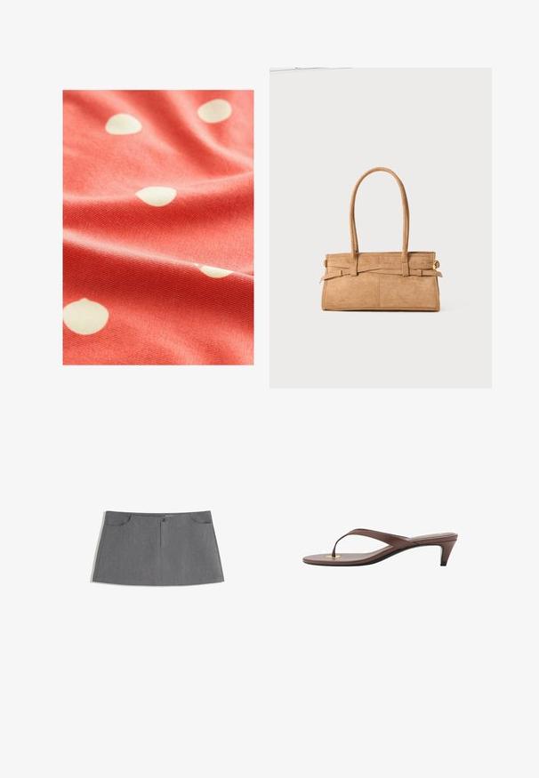Korallenfarbener Stoff mit weißen Punkten, der eine weiche Textur und eine leicht gerippte Oberfläche aufweist, drapiert, um seine Fluidität und das Muster zu zeigen.; Grauer Rock mit geradem Schnitt, zwei Vordertaschen, einer Frontknopfleiste und einem dezenten Texturmuster.; Braune, mit Absatz versehene Flip-Flop-Sandale mit einem schmalen Riemen und abgerundetem Zehensteg, der ein kleines goldfarbenes Akzent auf dem Fußbett aufweist.; Tasche aus braunem Wildleder mit zwei langen Griffen, rechteckiger Form und dekorativer Naht. Verfügt über einen seitlichen Riemen und subtile goldene Hardwareakzente.
