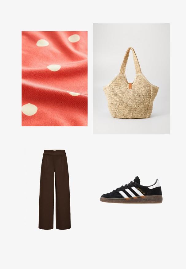 Koralltyg med vita prickar, med en mjuk textur och en något ribbad yta, draperat för att visa dess flöde och mönster.; Bruna vida-byxor gjorda av ett smidigt tyg, med hög midja och två framfickor, designade för en lös passform.; Svarta Adidas-sneakers med vita ränder, guld "Spezial" text, gummisulor och vit hälflik, visade i profilvy.; Stor strandväska av halm med en texturerad, beige yta och två breda handtag. Har en läderdetalj som stängning.