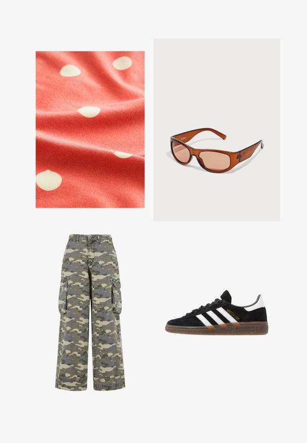Korallenfarbener Stoff mit weißen Punkten, der eine weiche Textur und eine leicht gerippte Oberfläche aufweist, drapiert, um seine Fluidität und das Muster zu zeigen.; Cargo-Hosen in einem grün-beigen Camouflage-Muster, mit lockerem Schnitt, zwei Seitentaschen und einem rosa Akzent am Bein.; Schwarzer Adidas Sneaker mit weißen Streifen, goldenem "Spezial"-Text, Gummisohle und weißem Fersenbereich, seitliche Ansicht.; Braun getönte Sonnenbrille mit rechteckiger Form, aus transluzentem Kunststoff gefertigt. Hat gebogene Bügel und den Markennamen "ZIGN" an der Seite.