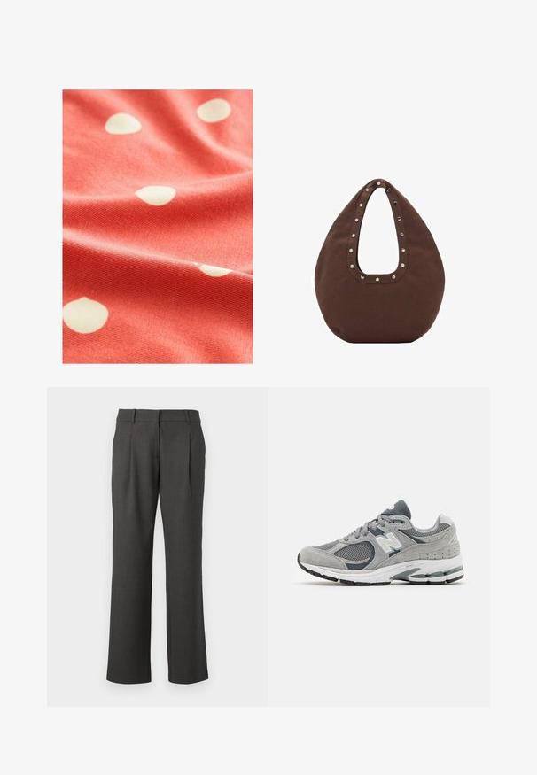 Tissu corail à pois blancs, avec une texture douce et une surface légèrement côtelée, drapée pour montrer sa fluidité et son motif.; Pantalons formels gris foncé avec des jambes droites, des passants de ceinture et des plis avant, présentés sur un fond blanc.; Baskets grises avec des matériaux en maille et en suède, dotées d'un logo blanc, d'un col rembourré et d'une semelle en caoutchouc texturée. Accents en gris plus foncé.; Sac fourre-tout brun à forme incurvée, doté d'une grande poignée découpée ornée de rivets en argent tout le long du bord. Fabriqué en tissu doux.