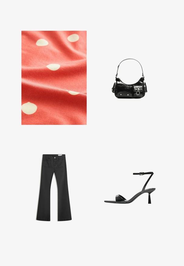 Koralfarvet stof med hvide prikker, der har en blød tekstur og en let ribbet overflade, draperet for at vise sin fluiditet og mønster.; Sorte flared jeans lavet af denim med en glat tekstur, som har to baglommer og en knaplukning i taljen.; Bershka Højhælede sandaletter / Højhælede sandaler - black; Sort patenteret læder håndtaske med en buet form, en skulderrem, frontlommer og hardware accenter i sølvfarve.