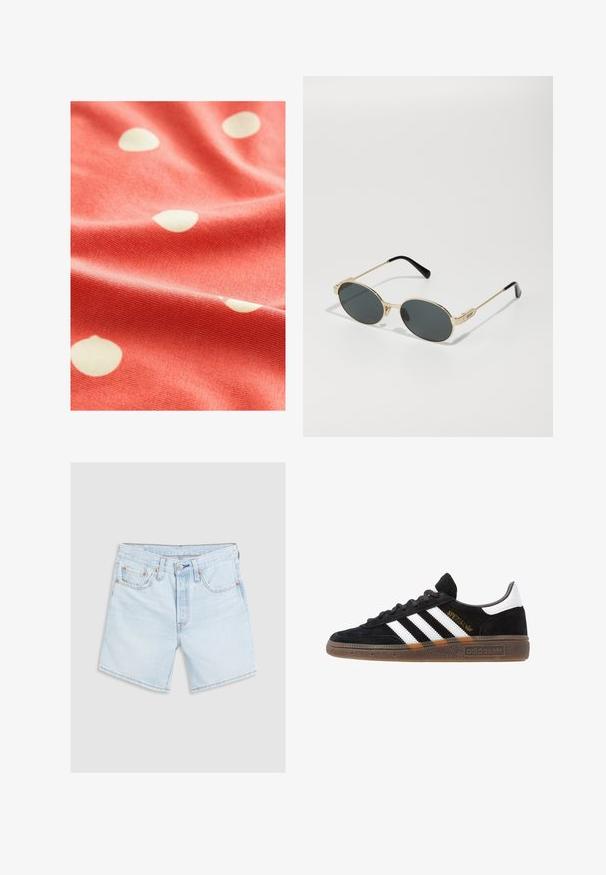 Koralltyg med vita prickar, med en mjuk textur och en något ribbad yta, draperat för att visa dess flöde och mönster.; Ljusblå denimshorts med en blekt finish. Har fem fickor, knappstängning och orangea sömnadsdetaljer. Klassisk rak passform.; Svarta Adidas-sneakers med vita ränder, guld "Spezial" text, gummisulor och vit hälflik, visade i profilvy.; Guldmetallsolglasögon med ovala linser och mörkfärgade linser. Svarta acetattrutar på skalmarna. Varumärket "QUAY" på sidan.