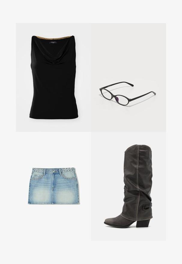 Schwarzes ärmelloses Oberteil mit einem drapierten Ausschnitt und einem goldenen Kettenakzent an der Schulter. Hergestellt aus glattem Stoff mit einer figurschmeichelnden Passform.; Denim-Minirock in Hellblau, mit einem genoppten Bund, zwei Fronttaschen und geradem Schnitt mit verblasstem Muster.; Graue Lederstiefel bis zur Wade mit einem lässigen Design, spitzer Zehenform und gestapelt Hohem Absatz. Auffällige Nähte im Bereich der Zehen.; Schwarze Kunststoffbrille mit ovaler Form, ausgestattet mit klaren Gläsern und einem lila Akzent auf dem linken Glas. Elegantes, minimalistisches Design.
