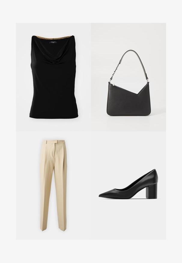 Juodas be rankovių marškinėlis su drapiruotu iškirpimu ir auksine grandinėle ant peties. Pagamintas iš sklandaus audinio, turintis prigludusį pjūvį.; Smėlio spalvos dailiai pritaikyti kelnių modeliai su tiesiu kirpimu, su raukšlėmis, liemens juosta ir lygiu paviršiumi. Nėra matomų kišenių ar puošmenų.; Juodas odinis batelis su smailiu pirštu ir storu kvadratiniu kulnu. Lygus paviršius, paprastas dizainas, tinkantis oficialioms aplinkoms.; Juodos odos rankinė trikampio formos, su siauru dirželiu ir sidabriniais aksesuarais. Yra užtrauktuko uždarymas ir iškilmingas logotipas priekyje.