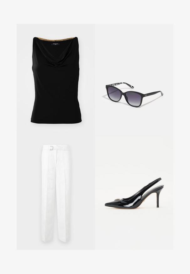 Fekete ujjatlan felső, drapírozott nyakkivágással és arany lánccal a vállnál. Simább anyagból készült, testhez simuló fazonban.; Fehér, testre szabott nadrág széles szárral, övhurkokkal és ezüstcsatos övvel. Könnyű anyagból készült, sima textúrával.; Fekete lakkbőr slingback sarkú cipők hegyes orral, karcsú stiletto sarkukkal és díszítéssel a lábfejen.; Fekete napszemüveg, fokozatos árnyalatú lencsékkel, négyzet alakú, és mintás fekete-fehér szárakkal. Ezüst logó díszítéssel rendelkezik.