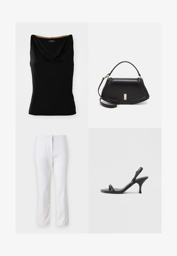 Black sleeveless top featuring a draped neckline and a gold chain accent at the shoulder. Made from smooth fabric with a fitted cut.; White cotton pants with a straight leg design, featuring a mid-rise waist and no visible hardware or patterns. Smooth texture throughout.; Black leather high-heeled sandals with a slim, curved heel and a crossed strap design. Adjustable ankle strap. Smooth texture.; Black leather handbag with a structured design, featuring a cropped shape, top handle, and gold hardware accent. Adjustable shoulder strap included.
