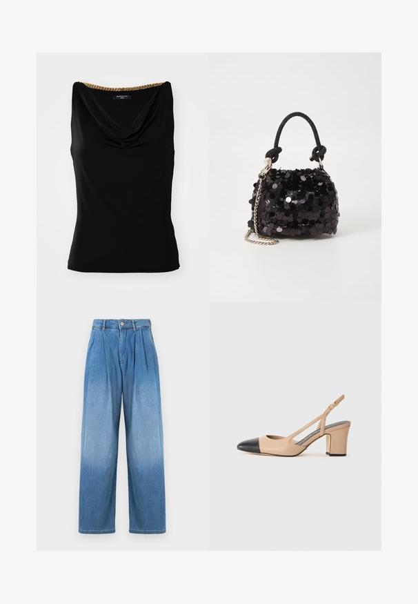Top negro sin mangas con un escote drapeado y un acento de cadena dorada en el hombro. Fabricado en una tela suave con un corte ajustado.; Pantalones de mezclilla azul claro con cintura alta, ajuste relajado y pernera ancha, y pliegues en la parte frontal. Presenta un cierre de botón y cremallera.; Zapato slingback beige con puntera negra, tacón cuadrado y una correa con hebilla dorada sobre un fondo blanco liso.; Bolso de mano mini negro con lentejuelas, con una correa de textura anudada y cadena plateada. Forma redondeada con parte superior fruncida y detalles reflectantes.
