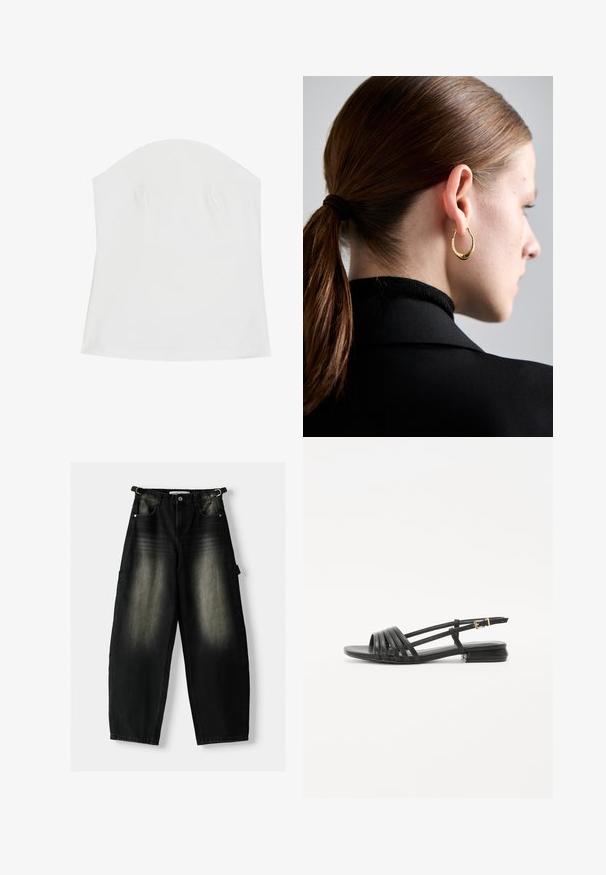 Bijela top s naramenicama, izrađena od mekog materijala, s glatkom teksturom, prilagođenim dizajnom i suptilnim naborima uz dekolte.; Nabrijani crni traperice s izbleđenom teksturom, pet džepova i petljom na struku. Dizajn se ističe ležernim krojem i ravnim nogavicama.; Crne ravne sandale sa trakastim dizajnom, koje sadrže više kožnih traka i usku kopču oko gležnja. Potplat je ravna i pravokutna.; Zlatna okrugla naušnica s blago teksturiranim dizajnom, nosi se na lijevom uhu uz pozadinu tamne kose i crne odjeće.