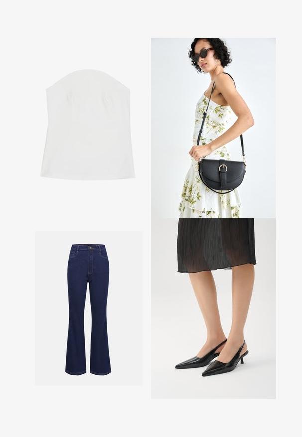 Bílý top bez ramínek vyrobený z měkké látky, s hladkou texturou, přiléhavým střihem a jemným nařasením kolem výstřihu.; Tmavě modré rozšířené džíny z denimu s vysokým pasem, standardním zapínáním na knoflík a předními kapsami. Obsahují kontrastní prošívání a hladkou texturu.; Černé slingback lodičky se špičatou špičkou a lesklým povrchem, štíhlým podpatkem a otevřenou zadní částí. Texturovaný vzor na svrchním materiálu.; Černá kožená kabelka s křivkovým tvarem, odnímatelným popruhem a zlatými detaily. Kabelka má klopu s přezkou.
