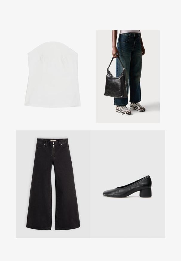 White strapless top made from soft fabric, featuring a smooth texture, fitted design, and subtle gathered detailing along the bust.; Wide-leg jeans in black denim with a zippered front, five-pocket design, and subtle stitching details. Smooth texture and casual style.; Black leather pump with a rounded toe and mid-block heel. Smooth texture with minimal detailing, featuring a subtle elastic opening.; Black leather shoulder bag with a smooth texture and adjustable strap, paired with faded wide-leg jeans and athletic sneakers.