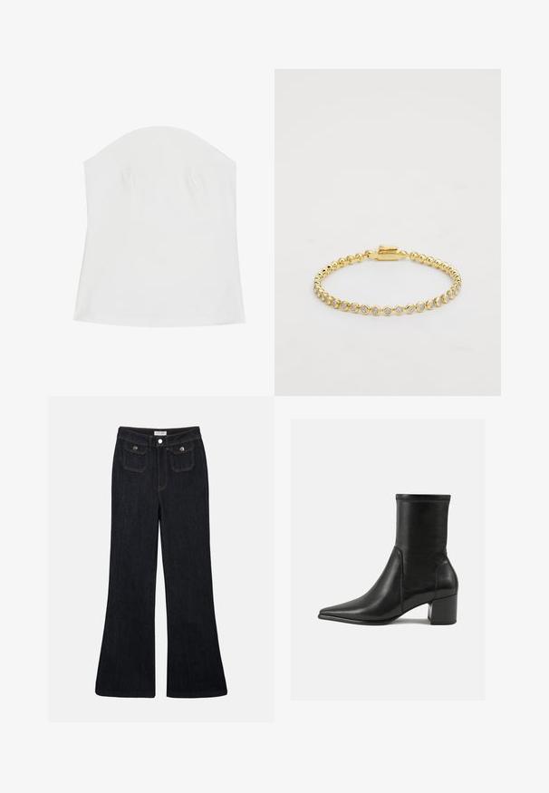 Fehér pánt nélküli felső, puha anyagból készült, sima textúrával, testhez simuló kialakítással és finoman redőzött részletekkel a dekoltázs mentén.; Kibővített, sötét farmernadrág magas derékkal, két elülső zsebből és narancssárga varrással. Az anyag szilárdnak és simának tűnik.; Fekete, sima bőrből készült bokacsizma, hegyes orral, tömbsarkal, és a felső szélen megkülönböztető kiemelt varrással.; Arany fém karkötő, egyenletes mintázatban elhelyezett kerek, tiszta strasszkövekkel, az egyik oldalon kapcsos záródással. Simább textúra és fényes felület jellemzi.