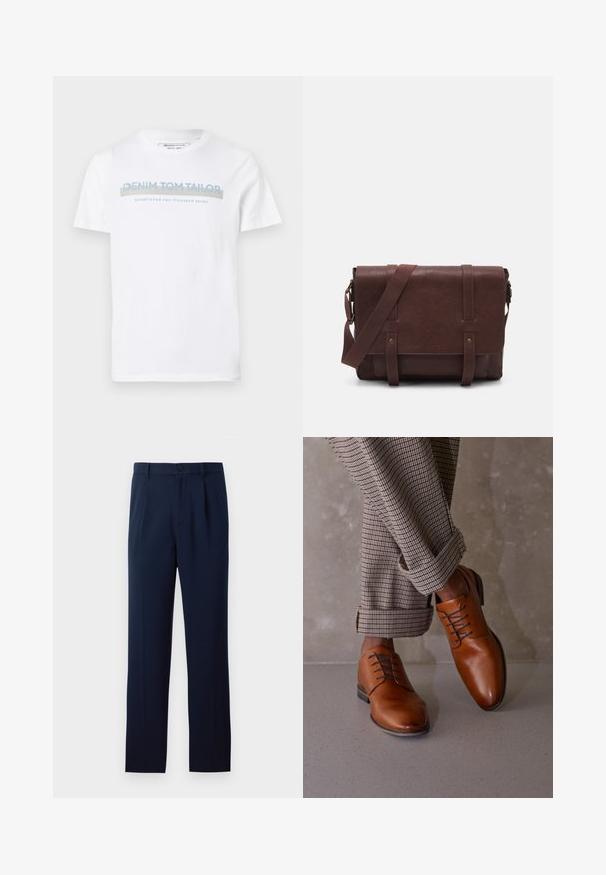 Tricou alb din bumbac, cu guler rotund, mâneci scurte și un design grafic albastru care spune "DENIM TOM TAILOR înființat în 2007."; Pantaloni bleumarin dintr-un material neted, având un sistem de închidere cu un singur nasture, plii și picioare drepte. Design minimalist fără modele notabile.; Pantofii din piele maro au un vârf rotunjit, un sistem de șireturi cu cinci eyelet-uri și șireturi închise la culoare. Pantalonii sunt cu carouri, răsuciți la tiv.; Geantă de umăr din piele maro, cu un capac frontal plat, două curele, accente din hardware auriu și o curea de umăr reglabilă.