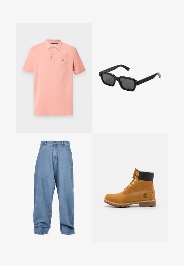 Polohemd in licht koraal, van katoen, korte mouwen, drieknopenrij, subtiel logo geborduurd op de borst, gladde textuur.; Lichtblauwe denim broek met een losse fit, knoopsluiting, voorzakken en een opgekrulde zoom, met een klassieke vijf-zakken ontwerp.; Bruine leren enkellaars met metalen oogjes, witte faux bont voering, zwarte gewatteerde kraag, robuuste zool en een reliëflogo aan de zijkant.; Zwarte, vierkantvormige zonnebril met grijzige lenzen. Dikke plastic montuur met gouden accenten en branding op de poot. Soepele textuur.