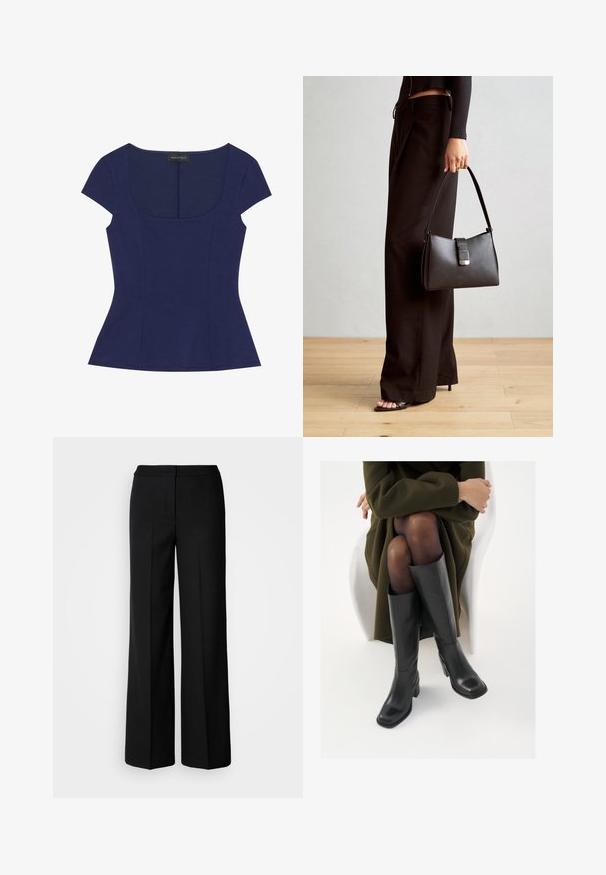 Tumesinine täiuslikult istuv lühikeste varrukatega topp, millel on ümar krae ja peened õmbluse detailid, märgistus Anna Field.; Mustad laiad püksid siledast kangast, millel on kõrge vöökoht, kohandatud õmblused ja minimalistlik kujundus. Ei ole nähtavat riistvara ega taskuid.; Knee-high mustad nahast saapad nelinurkse varbaga ja plokilise kontsaga, esitatud mudeli kõrval, kes istub oliivirohelises mantlis. Sujuv tekstuur, minimaalne detailide arv.; Must musta kott, millel on struktureeritud kuju, sile tekstuur ja metallist klamber. Kombineeritud laiate mustade pükstega ja avatud varvaste sandaalidega puidust põrandal.