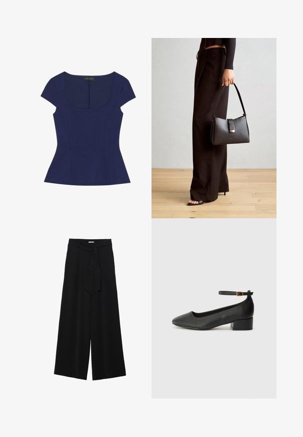 Mornarsko modra prilegajoča kratkotrajna majica s krožnim izrezom in subtilnimi šivi, označena z Anna Field.; Črne široke hlače iz teksturirane tkanine, z elastičnim pasom in odstranljivim trakom na pasu za prilagodljivo prileganje.; Črne usnjene pumpice z nazobčanimi prsti in nizko blokasto peto. Imajo trak okoli gležnja z zaponko v zlatem tonu. Gladka tekstura.; Črna torbica z strukturirano obliko, gladko teksturo in kovinskim zaponko. Ujemajo se z širokimi črnimi hlačami in odprtimi sandali na lesenem tleh.