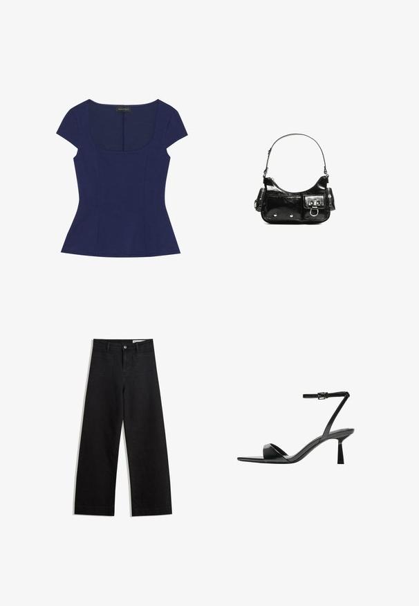 Top scurt cu mânecă scurtă, ajustat, de culoare bleumarin, cu decolteu rotund și detalii subtile ale cusăturilor, etichetat Anna Field.; Pantaloni din denim negri cu picioare largi, cu talie înaltă, având buzunare frontale și posterioare, cusături dublate și închidere cu nasture. Textură netedă.; Bershka Sandale cu toc - black; Geantă de mână din piele lăcuită neagră, cu o formă curbată, un umăr, buzunare frontale și accente din metal argintiu.