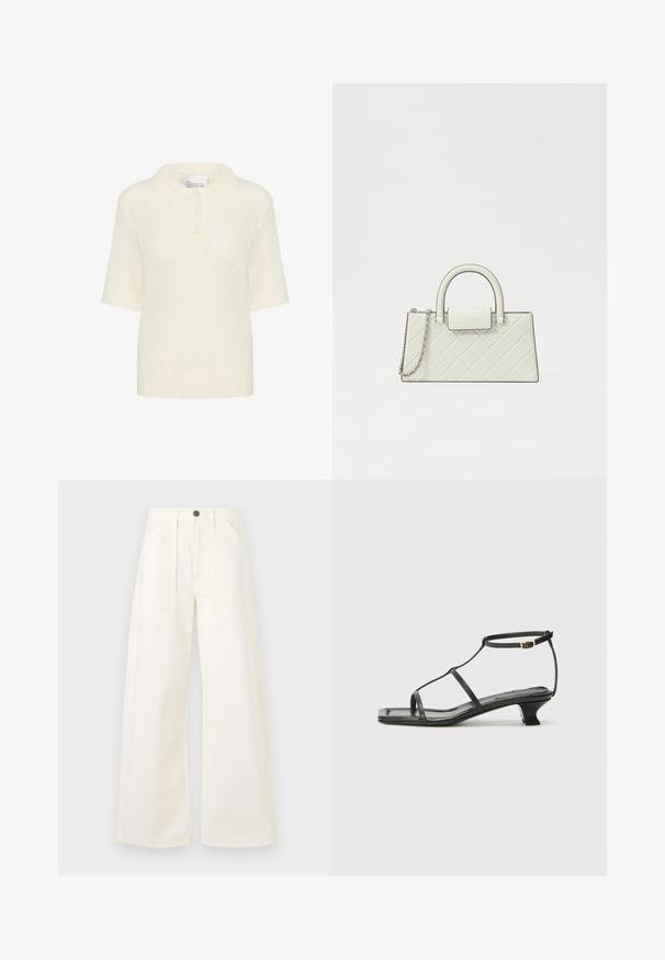 Polo a maniche corte in crema, con lavorazione a maglia testurizzata, colletto a coste e tre bottoni alla chiusura. Materiale leggero.; Pantaloni a gamba larga in cotone bianco sporco, con vita alta, due tasche frontali e un'unica chiusura con bottone frontale.; Sandalo in pelle nera con punta quadrata, cinturini sottili, cinturino alla caviglia regolabile e tacco basso. Presenta un piccolo accento dorato sul cinturino.; Borsa bianca trapuntata con un design strutturato, manico superiore, tracolla a catena staccabile e un logo in rilievo sulla chiusura.