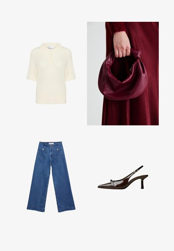 Sweter polo z krótkim rękawem w kremowym kolorze, z teksturowanym splotem, prążkowanym kołnierzykiem i trzema guzikami przy zapięciu. Lekki materiał.; Jeans dżinsowe o szerokich nogawkach w średnim niebieskim odcieniu, z dwiema przednimi kieszeniami zapinanymi na guziki oraz przeszyciami wzdłuż dołów nogawek.; Brązowe lakierowane sandały z odkrytymi palcami, o spiczastym nosku, niskim obcasie i ozdobnym kokardkowym akcentem z przodu. Gładka, błyszcząca tekstura.; Bordowa skórzana torebka o miękkim, marszczonym wyglądzie i zaokrąglonym kształcie. Uchwyt jest zabezpieczony, co podkreśla gładką fakturę.