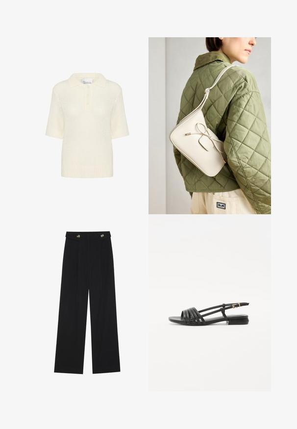 Rövid ujjú póló pulóver krém színben, textúrás kötött anyagból, bordás gallérral és három gombbal az elején. Könnyű anyag.; Fekete, bő szárú nadrág magas derékkal, gombos részletekkel a derékrészen és elülső pliszékkal.; Fekete lapos szandálok, szíjakkal tervezve, amelyek több bőr pánttal és vékony bokapánttal rendelkeznek. A talp lapos és téglalap alakú.; Beige színű bőr keresztpántos táska masni részlettel, arany színű fém kiegészítőkkel és egy állítható pánttal, zöld steppelt dzsekin viselve.