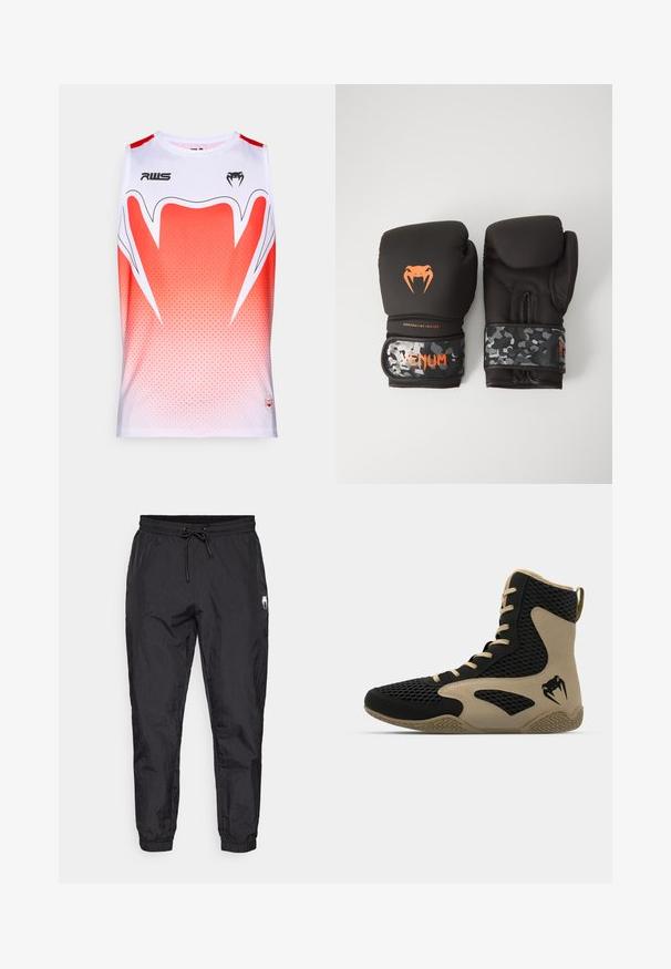 Sleeveless athletic shirt in white and gradient red, featuring a geometric pattern, a round neckline, and brand logos on the front.; Black, lightweight jogger pants, featuring an elastic waistband with a drawstring, tapered legs, and subtle textured finish.; High-top athletic shoe featuring a black mesh exterior with beige accents. Textured rubber sole and logo detail on the side.; Black boxing gloves with a matte finish and ergonomic design. Orange logo detailing and camouflage-patterned wrist straps.