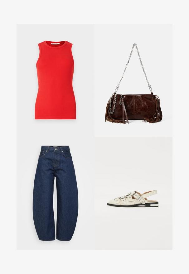 Raudona be rankovių viršutinė dalis, pagaminta iš suribotų medžiagų, turinti apvalų iškirpimą ir prigludusį siluetą, be papuošimų ar raštų.; Aukštai juosmens tamsiai mėlynos džinsinės kelnės su plačiomis kojomis, priekyje esančiu mygtuku ir užtrauktuku, bei klasikine penkių kišenių išvaizda.; Balno sandalai, pagaminti iš baltos odos, su keliais plačiais diržais ir sidabro spalvos sagtimis; plokščias padas su mažu juodu kulniuku ir metaliniais akcentais.; Ruda odinė rankinė su tekstūruotu paviršiumi, sidabro spalvos grandinėlės dirželis ir rudi kutai šonuose. Yra užtrauktukas.; Sidabrinė lankinė auskarai su poliruotu paviršiumi, turintys mažus auksinius akcentus ir apvalią formą, dėvimi ant ausies kaušelio.