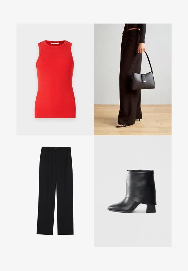 Rdeča brezrokavnik z rebrasto strukturo, ki ima okroglo izrez in oprijet kroj, brez okrasitev ali vzorcev.; Črne hlače s ravnim krojem, ki imajo dva sprednja žepa in pas. Narejene so iz gladkega, lahkega materiala.; Črne usnjene gležnjarje z izostrenim prstom, gladko teksturo in trdnimi blokastimi petami. Imajo visok, zložen manšeti.; Črna torbica z strukturirano obliko, gladko teksturo in kovinskim zaponko. Ujemajo se z širokimi črnimi hlačami in odprtimi sandali na lesenem tleh.