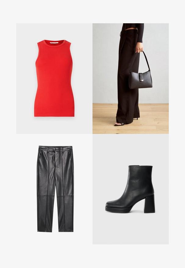 Punane ilma varrukateta topp, mis on valmistatud ribakattest, ümmarguse kaelusega ja keha külge keha ligi, ilma kaunistuste või mustriteta.; Mustad nahkpüksid sileda tekstuuriga, sirge lõikega, kahe eesmine taskuga ja nähtavate õmblusteta.; Must musta ankle boot, milleplokk-konts ja platvormi tallaga, vaadatud küljelt ühetoonilise valge tausta peal.; Must musta kott, millel on struktureeritud kuju, sile tekstuur ja metallist klamber. Kombineeritud laiate mustade pükstega ja avatud varvaste sandaalidega puidust põrandal.