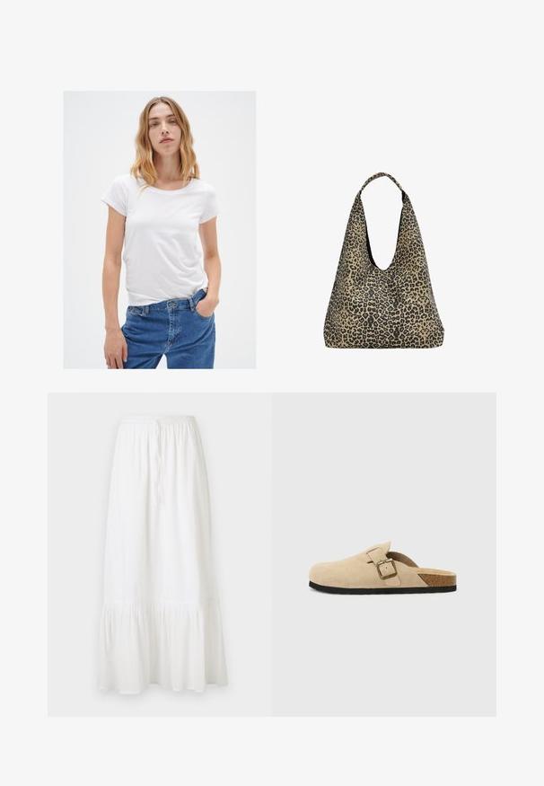 Biela tričko s krátkym rukávom a okrúhlym výstrihom, vyrobené z mäkkého materiálu, v kombinácii s modrými džínsami s klasikým strihom a dizajnom s piatimi vreckami.; Biela, sukňa po kolená vyrobená z ľahkej tkaniny s elastickým pásom a šnúrkou na stiahnutie. Má volánový lem a jemnú štruktúru.; Bežové semišové clogs na klinoch so korkovou stielkou, zaoblenou špičkou a jednoduchým remienkom so zlatým sponou. Gumová podrážka pre lepšiu priľnavosť.; PULL&BEAR Veľká kabelka - mottled dark brown