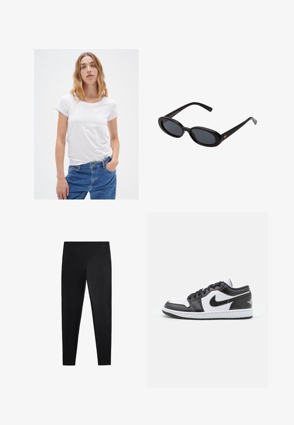 Bílý tričko s krátkým rukávem a kulatým výstřihem, vyrobené z měkkého materiálu, spojené s modrými džíny s klasickým střihem a pěti kapsami.; Černé legíny vyrobené z hladkého, elastického materiálu. Mají široký pas a zúžený střih nohavic, vhodné pro aktivní nebo volnočasové nošení.; Černobílé nízké tenisky Nike mají hladký kožený svršek, kulatou špičku, šněrování a vzorovanou gumovou podrážku.; Černé oversized sluneční brýle s oválnými čočkami, hladkým plastovým rámem a zlatými akcenty na spáncích. Tmavé čočky poskytují ochranu před sluncem.