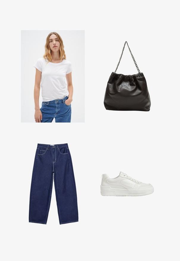 Biała koszulka z krótkim rękawem i okrągłym dekoltem, wykonana z miękkiego materiału, w połączeniu z niebieskimi dżinsami o klasycznym kroju i pięcioma kieszeniami.; Granatowe dżinsowe spodnie z szerokimi nogawkami i wysokim stanem, pięć kieszeni oraz kontrastowe białe szwy. Gładka faktura, klasyczny design.; Białe skórzane trampki o gładkiej fakturze, z wyściełanym kostkiem i perforowanym noskiem. Posiadają lekko podwyższoną gumową podeszwę i sznurowany fason.; Brązowa skórzana torba z marszczonym szczytem i łańcuszkowym paskiem. Gładka tekstura z błyszczącym wykończeniem i subtelnymi detalami szwów po bokach.