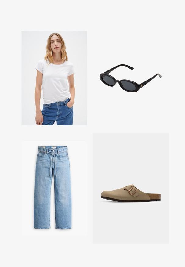 Vit t-shirt med kort ärm och rund halsringning, tillverkad av mjukt material, i kombination med blå jeans med klassisk passform och femfickorsdesign.; Ljusblå denim jeans med vida ben och hög midja, knäppning med knapp och dragkedja samt dragsko i midjan. Råkantad avslutning.; Beiga träskor med rund tå, justerbar spänne och korkfotbädd. Texturerad yta med en svart gummisula för bra grepp.; Svarta överdimensionerade solglasögon med ovala linser, slät plastbåge och guldaccent på bågarna. Mörka linser ger solskydd.
