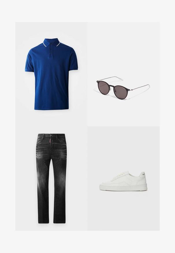Camisa polo azul de manga curta para homem com três botões escuros e um colarinho que apresenta um texto em relevo discreto e um acabamento em branco.; Jeans de denim preto com um corte reto. Apresentam áreas desbotadas, ligeira degradação, design clássico de cinco bolsos e um fecho de botão.; Sapatilha de couro branco com acabamento suave, bico redondo, atacadores planos e uma sola texturizada. Apresenta um logotipo discreto no calcanhar.; Óculos de sol redondos pretos com lentes escuras e hastes metálicas finas. Inclui pontas de templo transparentes e detalhes em prata na dobradiça. Design minimalista.