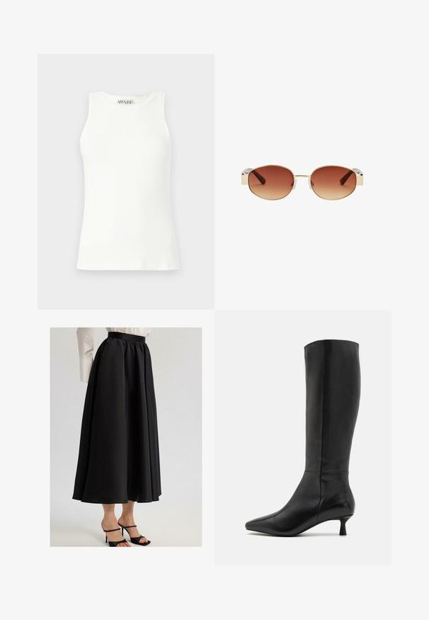 Ærmeløs hvid ribbet tanktop med en rund halsudskæring og en tætsiddende form. Glat tekstur og diskret mærke på kraven.; Sort maxi-nederdel lavet af glat stof, med en draperet talje og flydende design, parret med sorte sandlede hæle.; Zign Høje støvler/ Støvler - black; Runde solbriller med en guldfarvet metalramme, brune gradientlinser, klare plastdetaljer på siderne og brune mønstrede stængler.; Sort tekstureret læderhandbag med en struktureret form, der har et topgreb, en aftagelig skulderrem og en guldfarvet logo-lås.