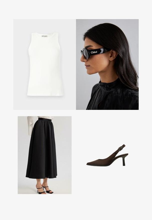 Biała, bezrękawnikowa koszulka z prążkowanego materiału, o zaokrąglonym dekolcie i dopasowanym kroju. Gładka faktura i subtelna metka marki przy kołnierzyku.; Czarna długa spódnica z gładkiego materiału, z marszczonym pasem i swobodnym krojem, w połączeniu z czarnymi sandałami na cienkich obcasach.; Brązowe zamszowe czółenka na pasek z odkrytą piętą, z wydłużonym noskiem, eleganckim fasonem, cienką szpilką oraz z akcentem klamry na pasku wokół kostki.; Czarne okulary przeciwsłoneczne z okrągłymi soczewkami i odważnymi, kanciastymi oprawkami, na boku z białym napisem "Chloé". Gładkie, błyszczące wykończenie.; Złoty prostokątny zegarek na nadgarstek z białą tarczą, srebrnymi znacznikami godzin i wytrzymałym metalowym bransoletą. Wbudowana funkcja wodoodporna.