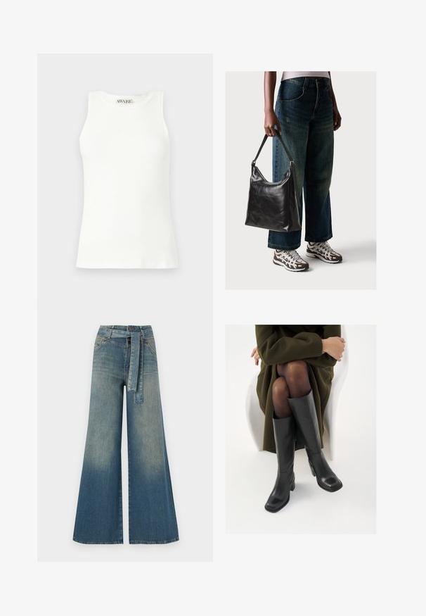 Bezramenný biely rebrovaný tielko s okrúhlym výstrihom a priliehavým strihom. Hladká textúra a decentná značka na golieri.; Džínsy s širokými nohavicami, ktoré majú prechod od svetlomodrej po tmavomodrú, vysoký pás, pútka na opasok a opasok z rovnakého materiálu. Textúrovaný denimový povrch.; Čierne kožené čižmy po kolená so štvrtým prstom a blokovým opätkom, zobrazené s modelom sediacim v olivovo zelenej bunde. Hladká textúra, minimálne detaily.; Čierna kožená taška cez rameno s hladkou textúrou a nastaviteľným popruhom, skombinovaná s vyblednutými širokými džínsy a športovými teniskami.